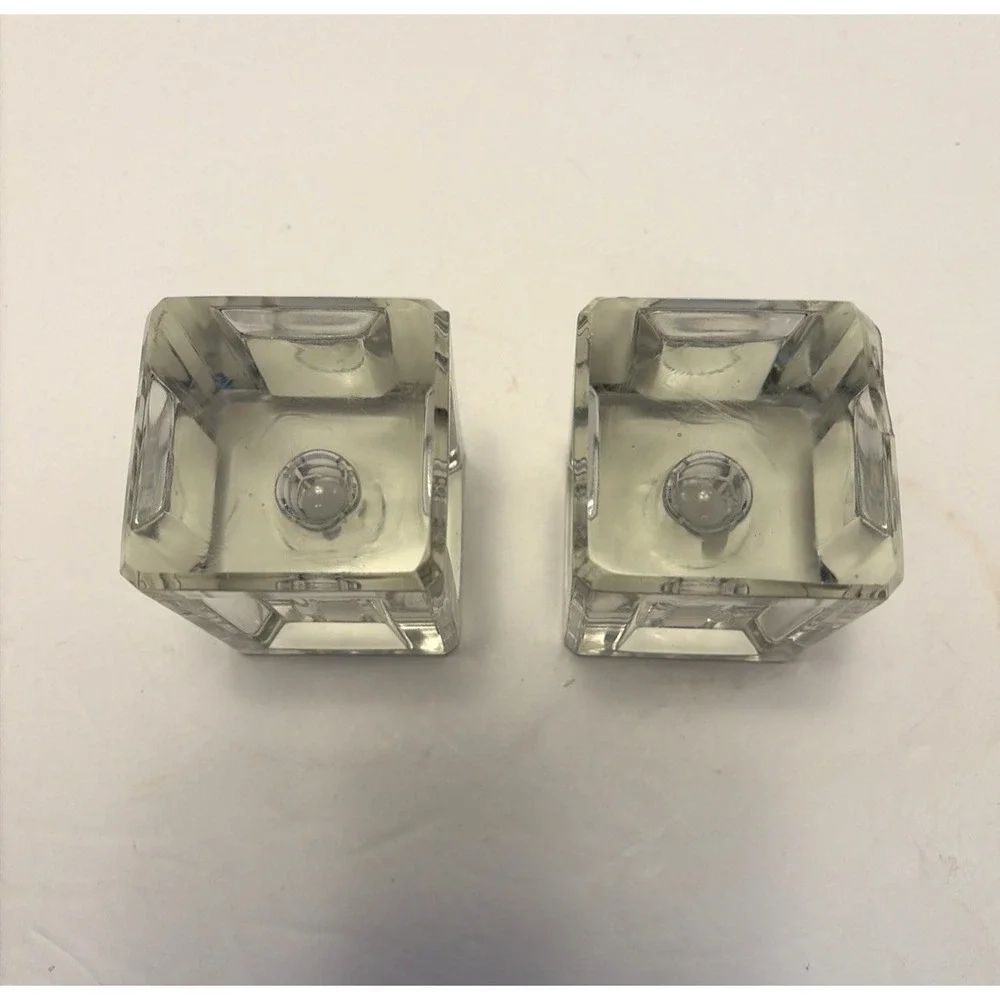 Vtg MCM Crystal Glass Ice Cube Style Candle Holder Pair Indented Sides Heavy